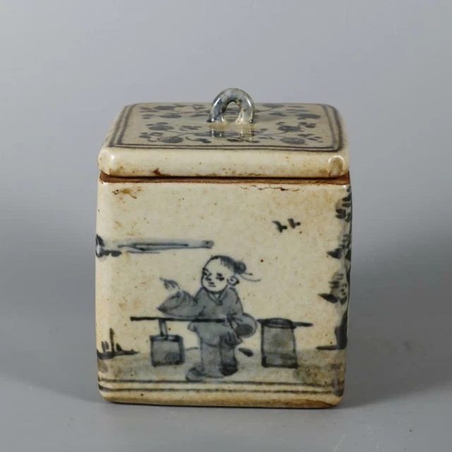 Chinese Ming Blue and White Porcelain Pot Kid Flowers Design Tea Caddy 3.94 inch