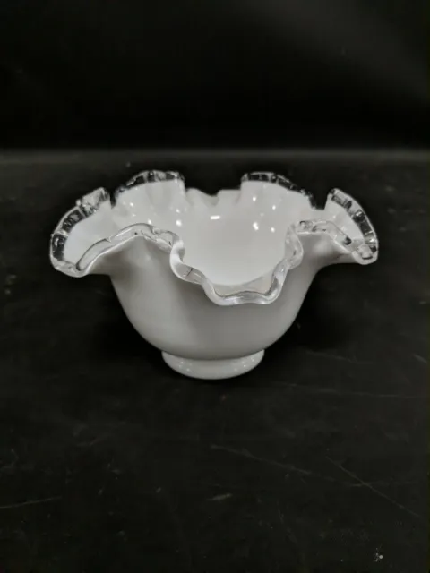 Fenton White Ruffled-Edge Silver Crest Footed Hand Blown Milk Glass Candy Dish