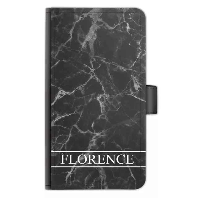 Personnalisé Initiale PU Étui Cuir Téléphone Bordure Nom Noir Marbre Rabattable