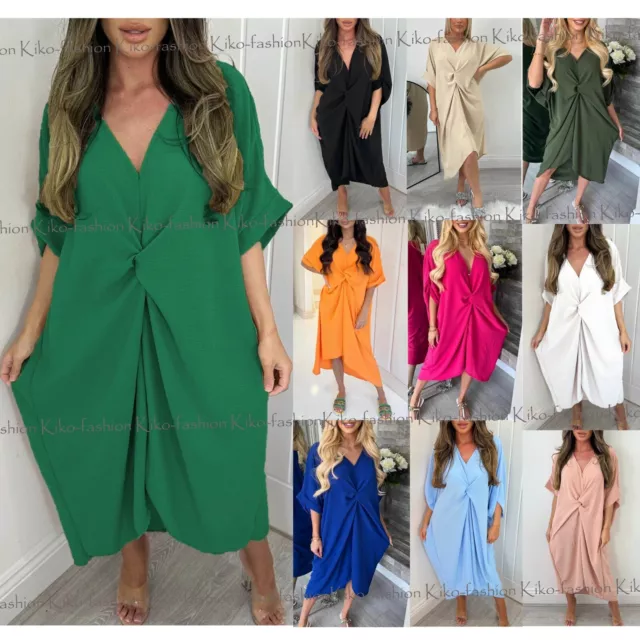 Womens V Neck Front Knot Dress Ladies Oversize Baggy Midi Smock Dress Top Shirt