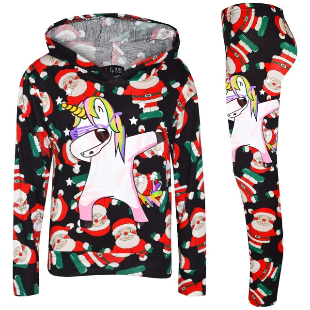 Kids Girls Santa Black Unicorn Dab Hooded Top Legging Set Xmas Tracksuit 7-13 Yr