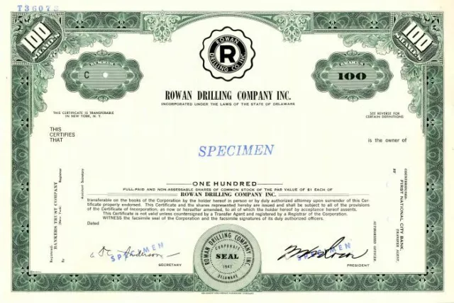 Rowan Drilling Co. Inc. - Offshore Drilling Specimen Stock Certificate - Specime