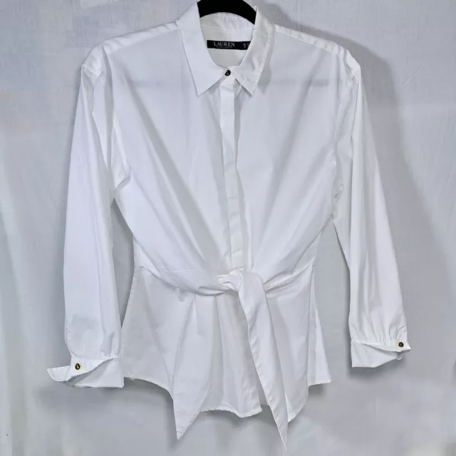 Lauren Ralph Lauren Black Label Tie-Front Cotton Blouse Size Large Petite White