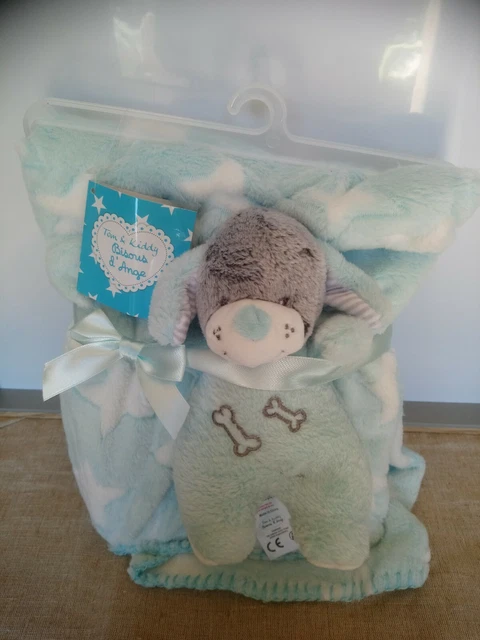 Couverture plaid doudou peluche chien os bleu étoiles Tom et Zoé neuf + cadeau