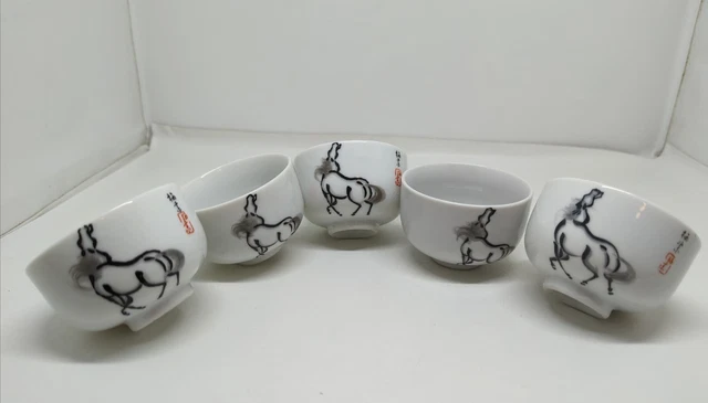 5 Tea Cups Saki Cups Jingdezhen Porcelain  Xie Ji Hand Painted Horse Antique