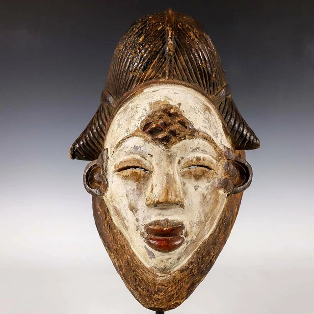 African Punu Mukudj Mask Painted Wood Pigment Gabon Central Africa 20Th C. 3