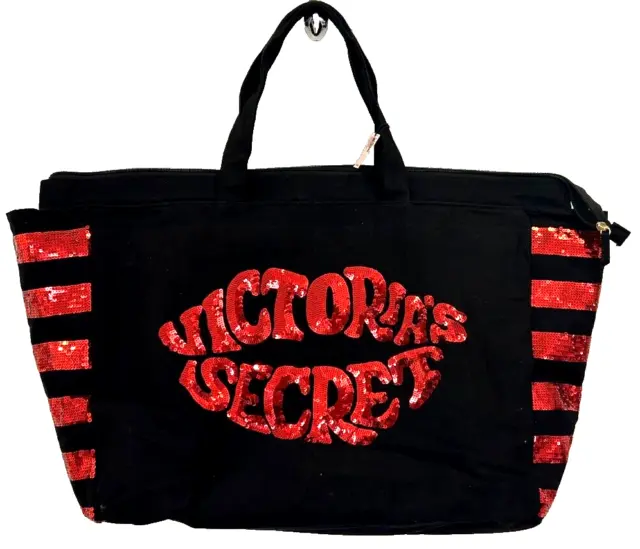 BRAND NEW Victoria's Secret Kissy Lips XL Tote Bag/Beach Bag Black Red Sequined