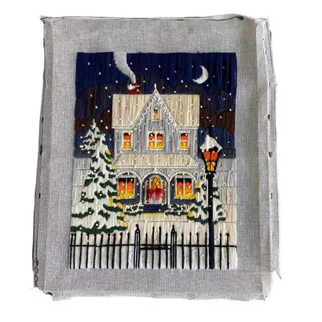Crewel Casa Victoriana Muestreador Invierno Noche Nieve Cerca Linterna Hecha a Mano 12x16