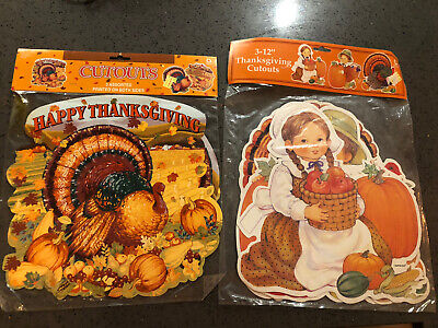 New Vintage Amscan Thanksgiving Turkey Pumpkin Girl Boy Cut-Outs Decor Lot Of 2