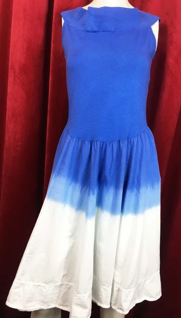 M Luna Luz Tie Dye Ombre Scoop Neck Dress Cotton Off Shoulder Blue White