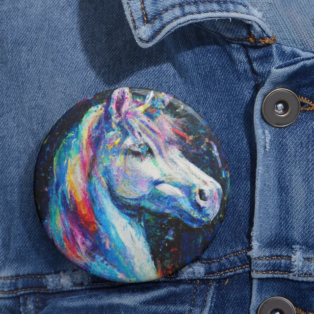 Pin Back Button Rainbow Unicorn Retro Style Mythical Fantasy Cute Horse Colorful