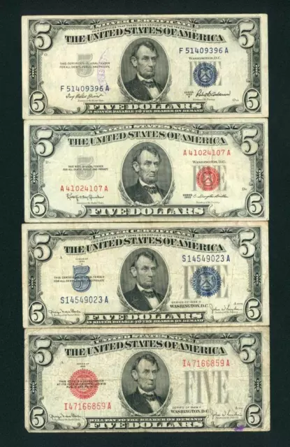 (( FOUR NOTES )) $5 1953 / 1963 / 1934 / 1928 United States / Silver Certificate