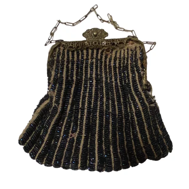 Antique Art Nouveau Vintage Deco Beaded Fringe Silver Frame Bag Purse FOR REPAIR