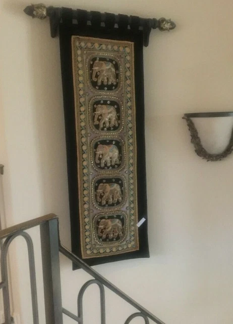 Vintage Thai Burmese Kalaga Wall Hanging Hand Embroidered Tapestry- 59"X 21"&Rod
