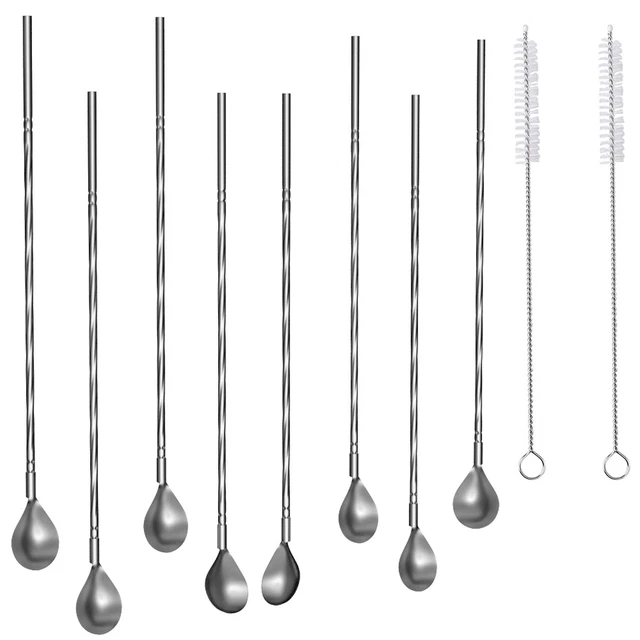 8x cucchiai di paglia in acciaio inox argento 19 cm 2 spazzole borsa per