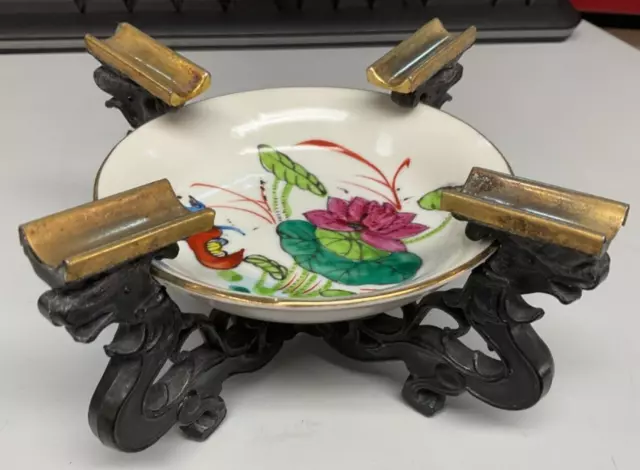 Vintage Ashtray dish ceramic decorated with dragon stand made in Hong Kong