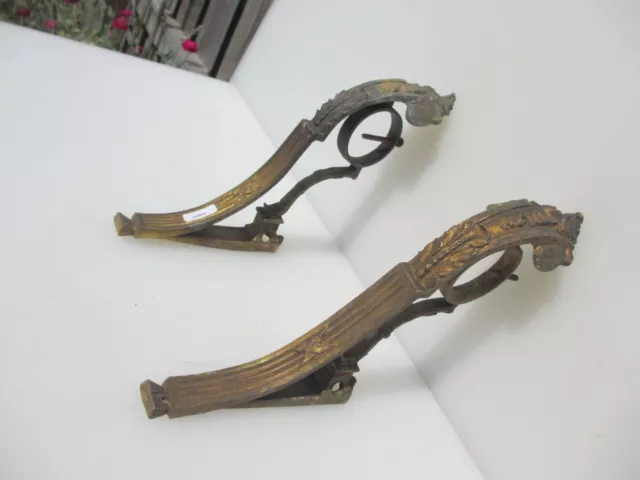 Antique Brass Curtain Pole Holder Brackets Old Rail Hangers Victorian Rococo