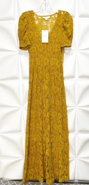 Shabby Chic Sz XS Mustard Yellow Gold Chenille Velvet Lace Maxi Dress NWT NEW