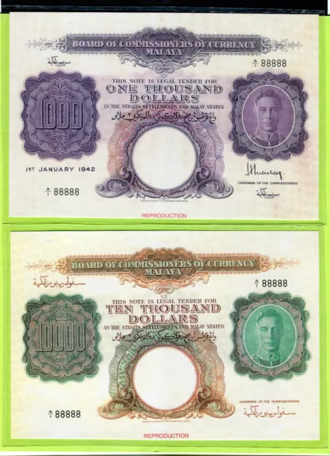 Malaya 1000 & 10,000 Dollars 1942 P16 17 UNC - Reproduction # 88888
