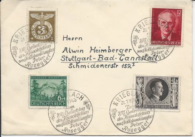 DR,Standardbrief aus 1943,MiFr+SoSt"100.Geb. P.Rosegger,Krieglach-31.7.43"superb