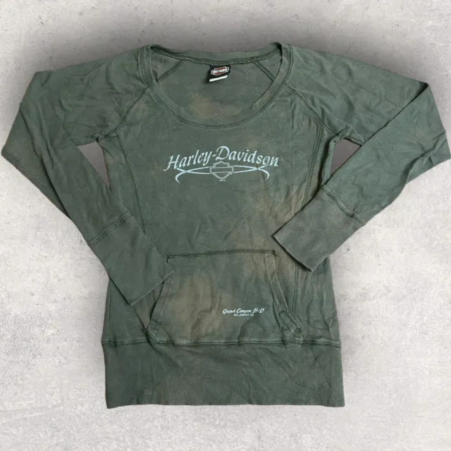 Harley Davidson Women's Long Sleeve Shirt L Green Y2K Thrashed Faded Pocket