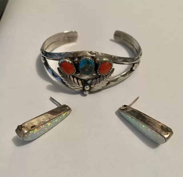 Silversmith Repair Turquoise Bracelet, Opal Earrings, 29 grams Nakai Les Baker