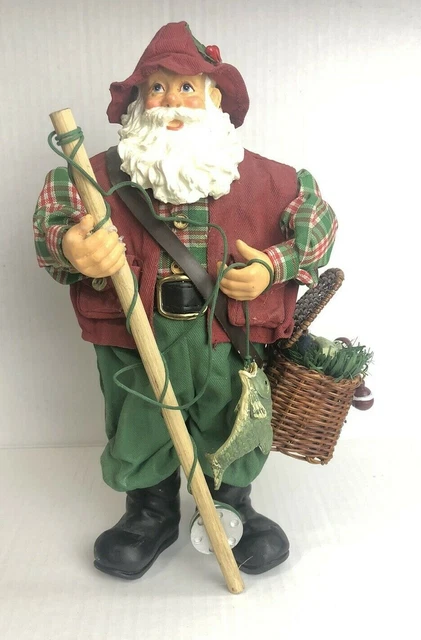 Fishing Christmas Santa Claus with Fishing Pole Figurine Fabric Mache 10" Tall