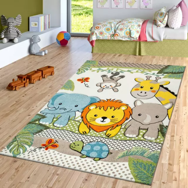 Kids Room Rug Cute Zoo Animals Jungle Lion and Elephants in 3D Effect Colorful,