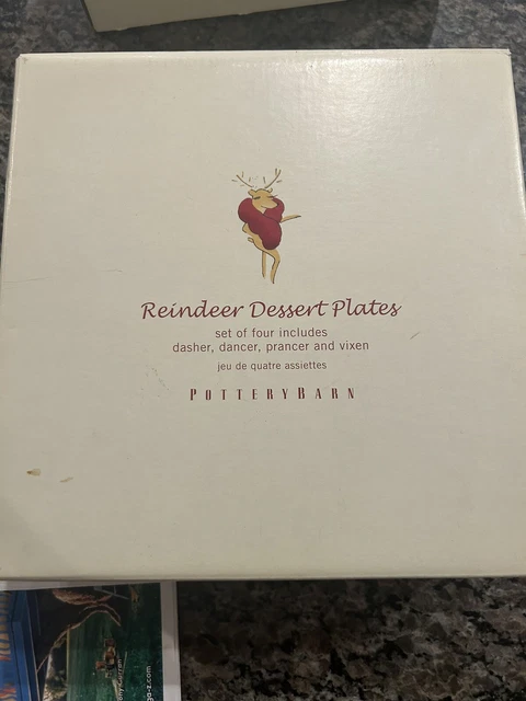 Pottery Barn 2003 Reindeer Appetizer Dessert Plates Set of 4 with Original Box