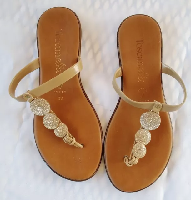 TOSCANELLA Tan "Dazzler" Flat Sandals Flip Flops Womens Sz 6.5 Made In Italy