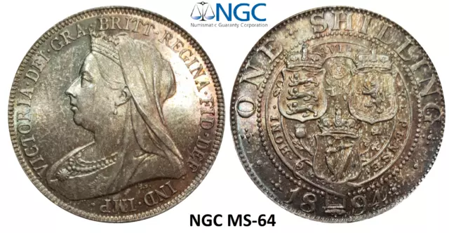 NGC MS-64 Great Britain 1894 1 Shilling Silver Coin Victoria Old UK Colorful Pat