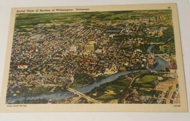 1930s linen postcard Aerial Airplane city view Wilmington DELAWARE