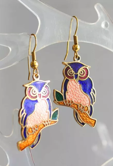 Elegant Blue & Pink Genuine Cloisonne Enamel Owl Earrings 1970s Vintage