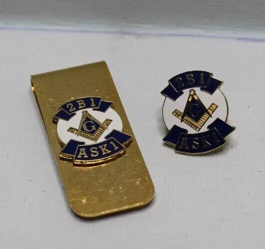 Masonic Freemason 2-B-1 Ask-1 Money Clip & Matching Lapel Pin Tie Pin Gold Tone