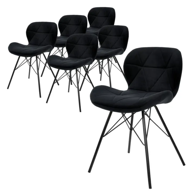 Juego 6 sillas de comedor / salón de terciopelo negro con patas de acero 74 cm