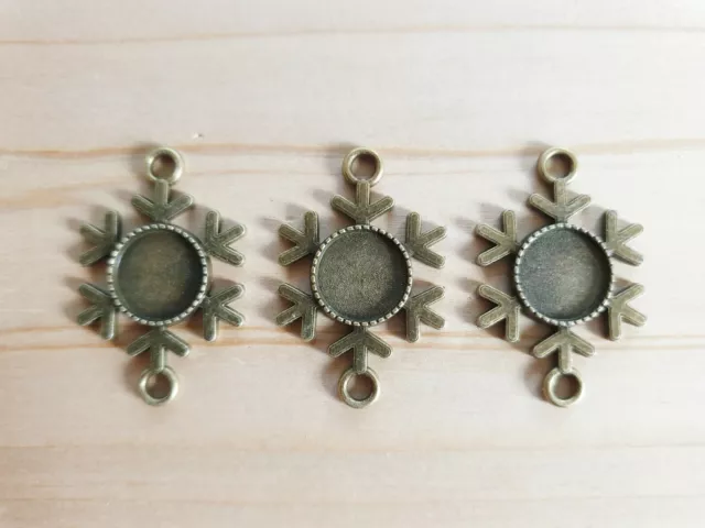 3 x Schneeflocken Verbinder für Cabochons Rohling Fassung Schmuckzubehör Bronze