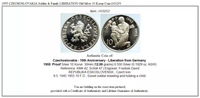 1955 CZECHOSLOVAKIA Soldier & Family LIBERATION Old Silver 10 Korun Coin i103253 3