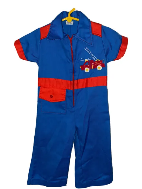 Conjunto de pantalones mono de una pieza de colección para bebés niños camión de bomberos azul rojo década de 1970 12Mos