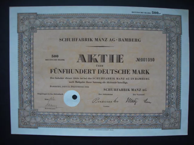 Aktie Schuhfabrik Manz AG 500 DM Bamberg 1950