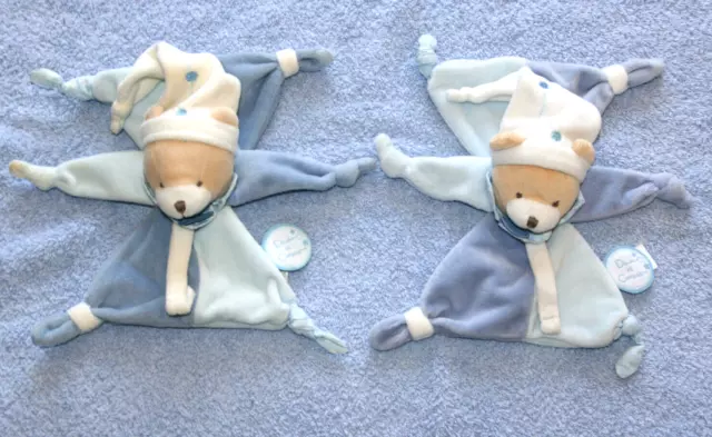 Doudou Et Compagnie  2 Ours Plat Bleu Petit Chou Dc2714 Attache Sucette Tbe