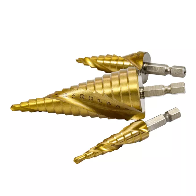 3pcs HSS Titanium Spiral Groove Step Cone Drill Bit Set Hex Shank Hole Cutter