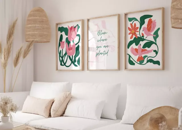 Set of 3 Pink Flower Prints, Minimalist Wall Art, Quote Botanical Wall Art