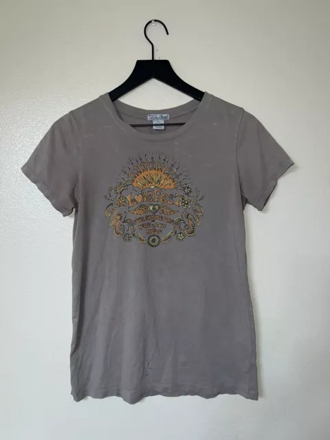 Lucky Brand Love Fest Shirt Womens Medium Gray Y2K Vintage Distressed Music 00s