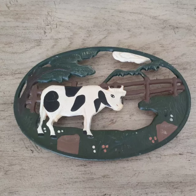 Vintage Cast Iron Cow Footed Trivet - Farmhouse Country Kitchen Hand Painted 9x6