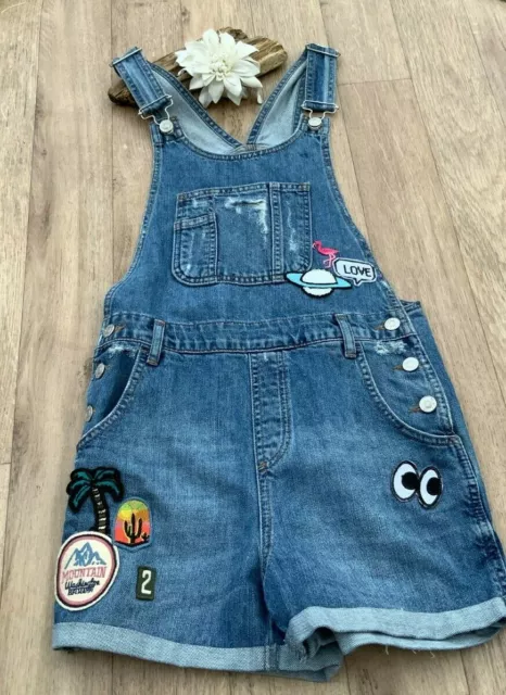 Topshop Moto Blue Cotton Denim Dungarees Shorts Playsuit Size 8 with motifs