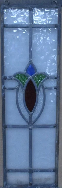 OLD ENGLISH LEADED STAINED GLASS WINDOW Unframed w Hooks Floral 7" x 22.5"
