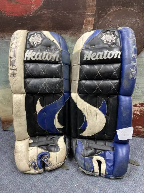 Vintage Heaton Helite 5 4700 Goalie Pads 30 Ice Hockey White Blue Black  Used