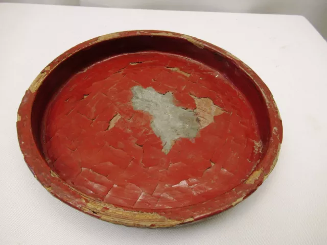 Antique Burmese Lacquerware Old Lacquer Plate Tray Round Red Wooden Rare Old "13