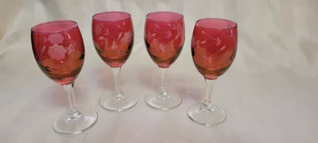 Vintage French Luminarc Apertif Stemware 4.5" Cranberry Floral Etched Set Of 4