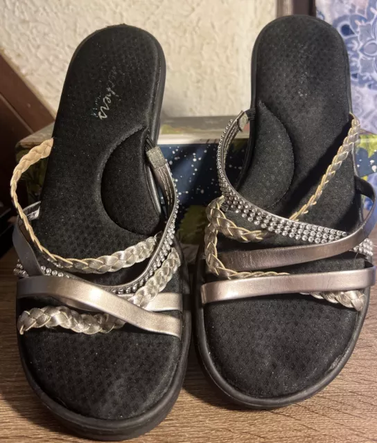 Skechers Rumblers Wild Child Wedge Sandals Women's Size 10 Black Silver Slip On